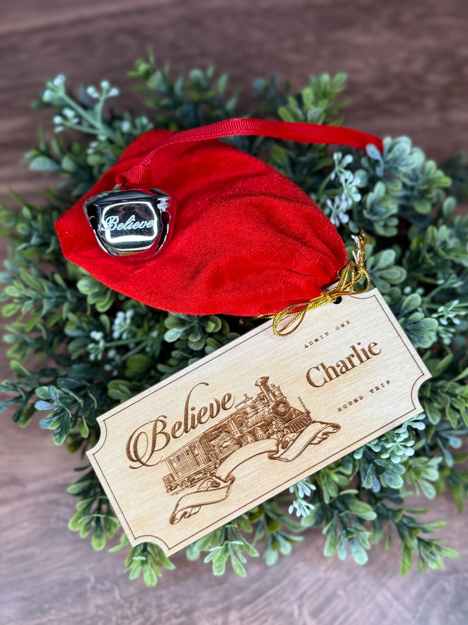 Custom believe ticket ornament with bell - Fresh Cut Signs