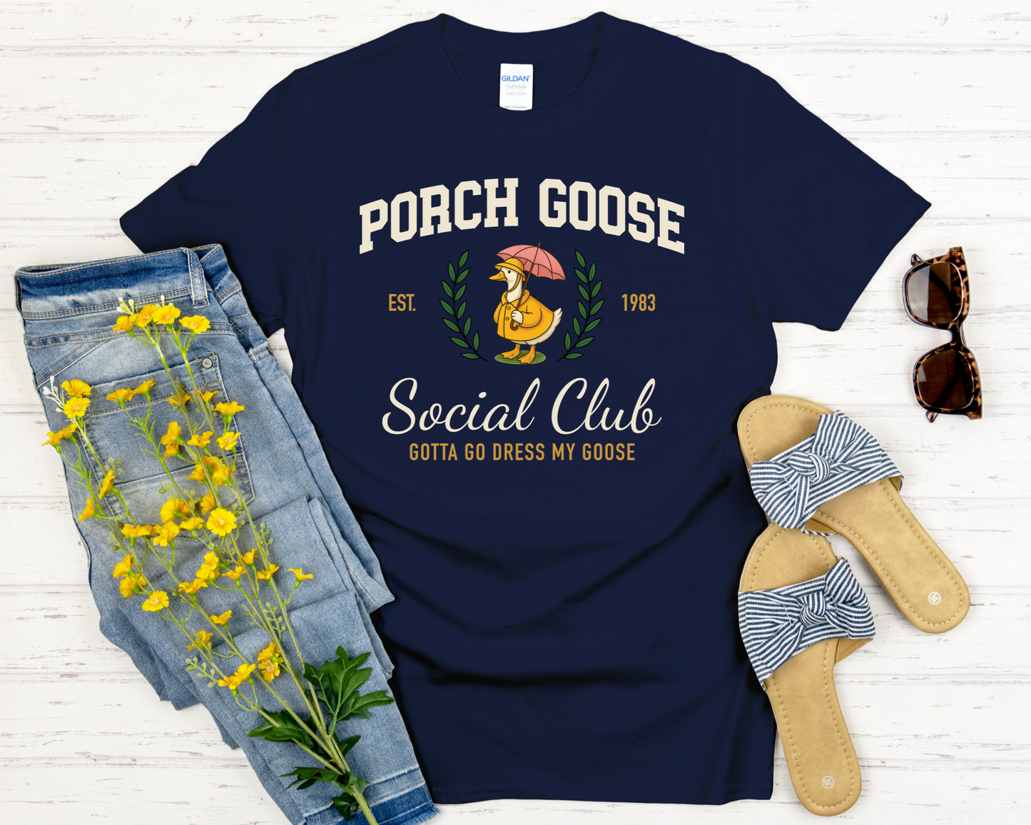 Raincoat Porch Goose Social Club T-shirt
