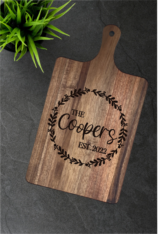Personalized Acacia Cutting Board with Handle - Fresh Cut Signs