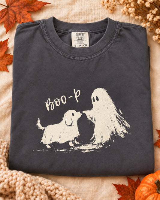 Close-up of Boo-p Comfort Colors Halloween tee