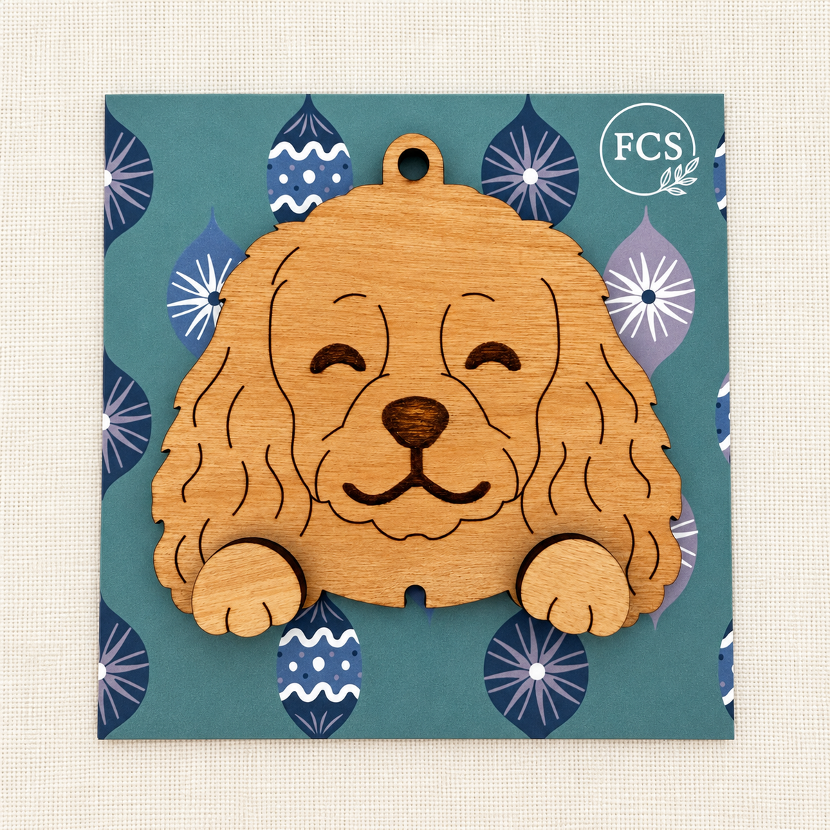 Spaniel wooden ornament design shown before collar and initial tag are added